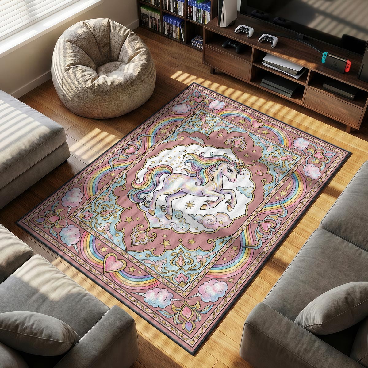 Rainbow Unicorn themed area rug for Fantasy fans