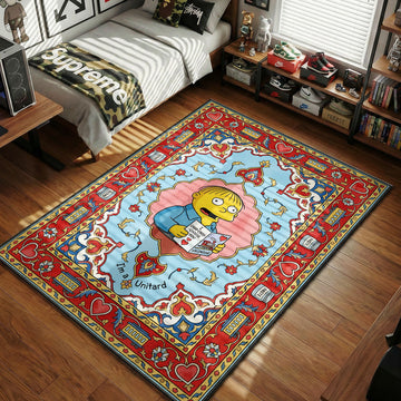Ralph Wiggum holding an I Choo-Choo-Choose You Valentine's card surrounded by paste jars and trains in an ornate vintage watercolor art style movie themed area rug and home theater mat.