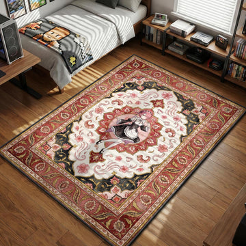 Ram wearing maid outfit surrounded by tea cups and flowers art style area rug and floor mat