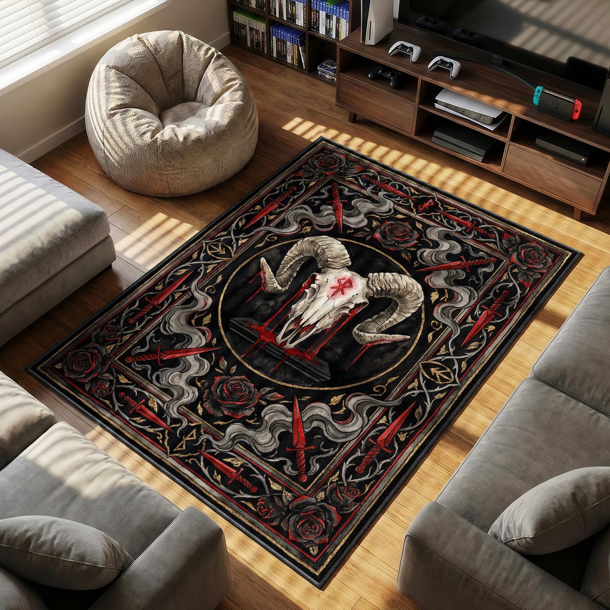 Close-up of ram skull rug showing blood drip detail and gold leaf texture on plush surface