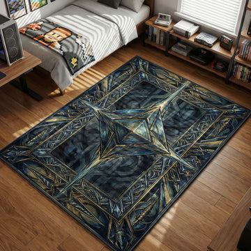 Art Deco tarot card style rug featuring the blue octahedron Angel Ramiel from Neon Genesis Evangelion, surrounded by a gold geometric border with drill motifs.
