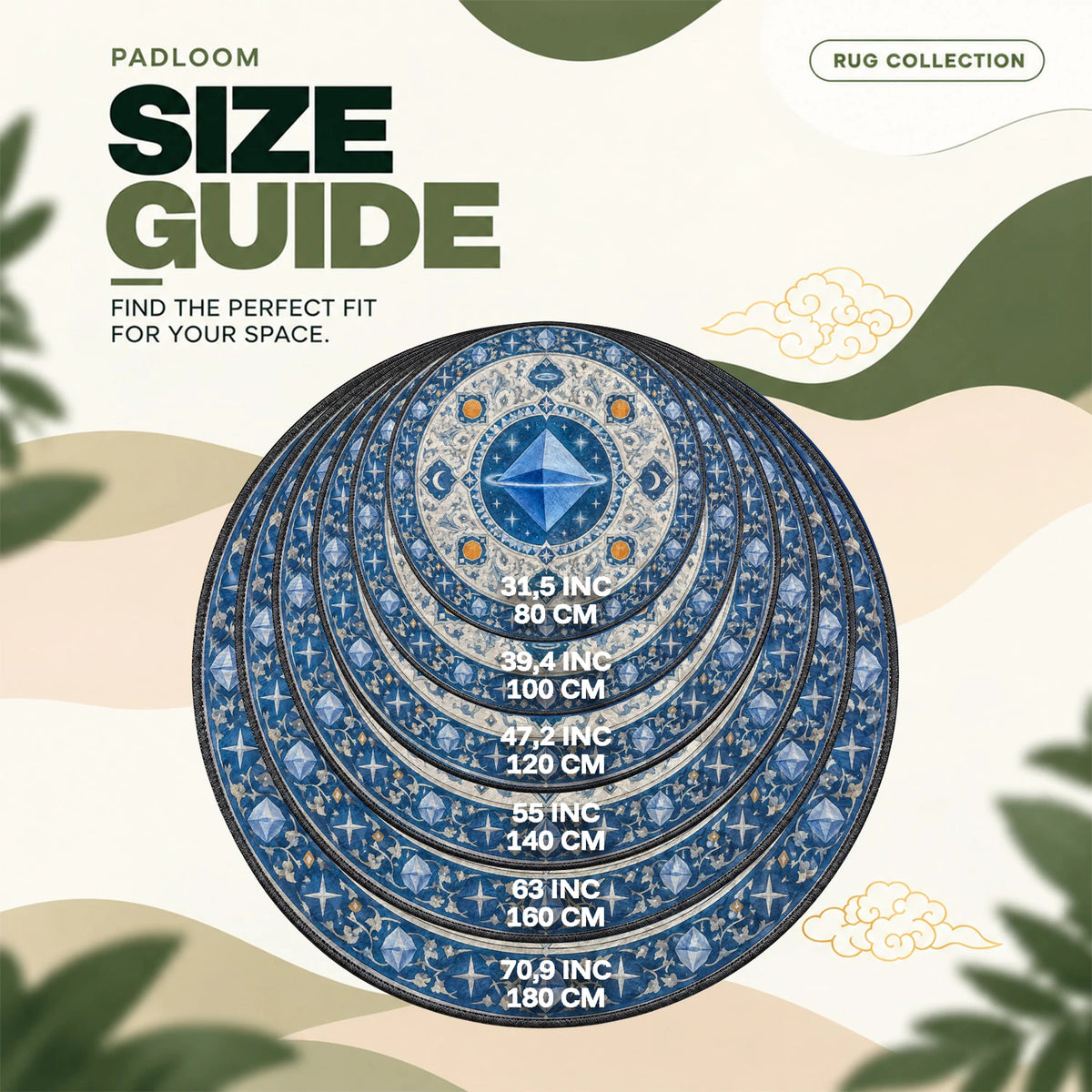 Ramiel Starlit round rug size guide, 80 to 180 cm (31.5 to 70.9 in)