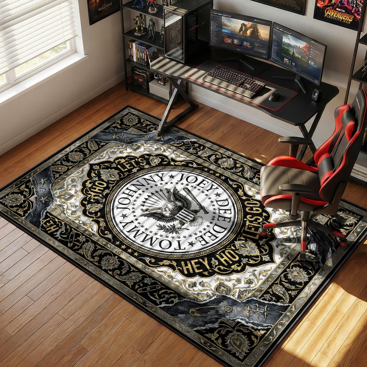 Ramones punk rock rug placed in a loft apartment living room with exposed concrete and minimal furniture