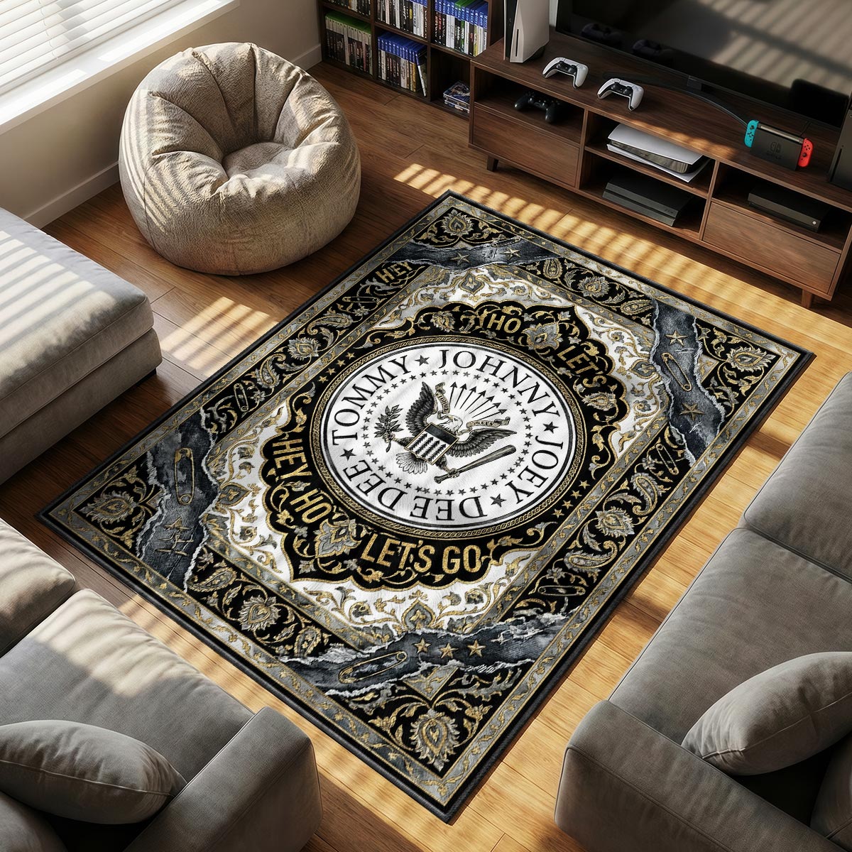 Close-up of Ramones area rug showing eagle seal detail and ripped denim texture on plush fiber