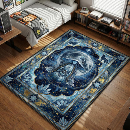 Ranni the Witch holding miniature doll under full moon with wolves celestial tarot art style gaming area rug and floor mat