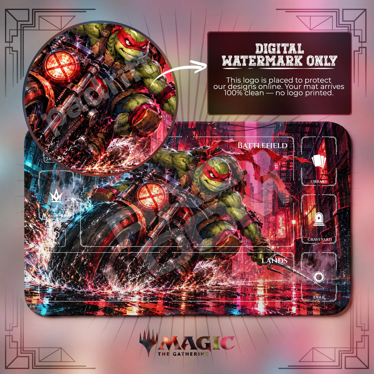 Raphael Biker TMNT MTG playmat with zones; the Padloom watermark is digital only, not printed
