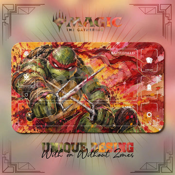 Raphael Crimson TMNT MTG playmat, red and orange art with play zones, 24 x 14 in