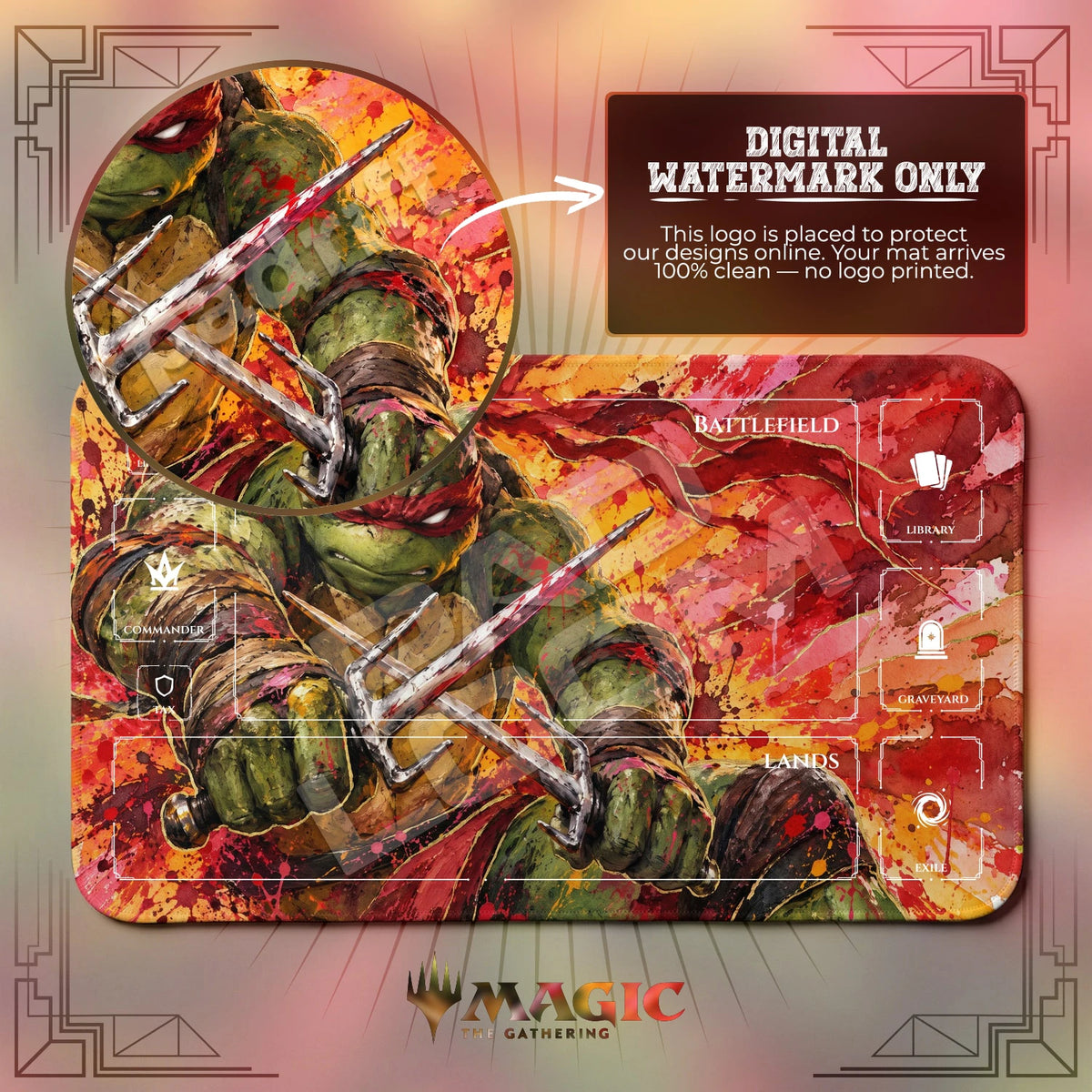 Raphael Crimson TMNT MTG playmat with zones; the Padloom watermark is digital only, not printed