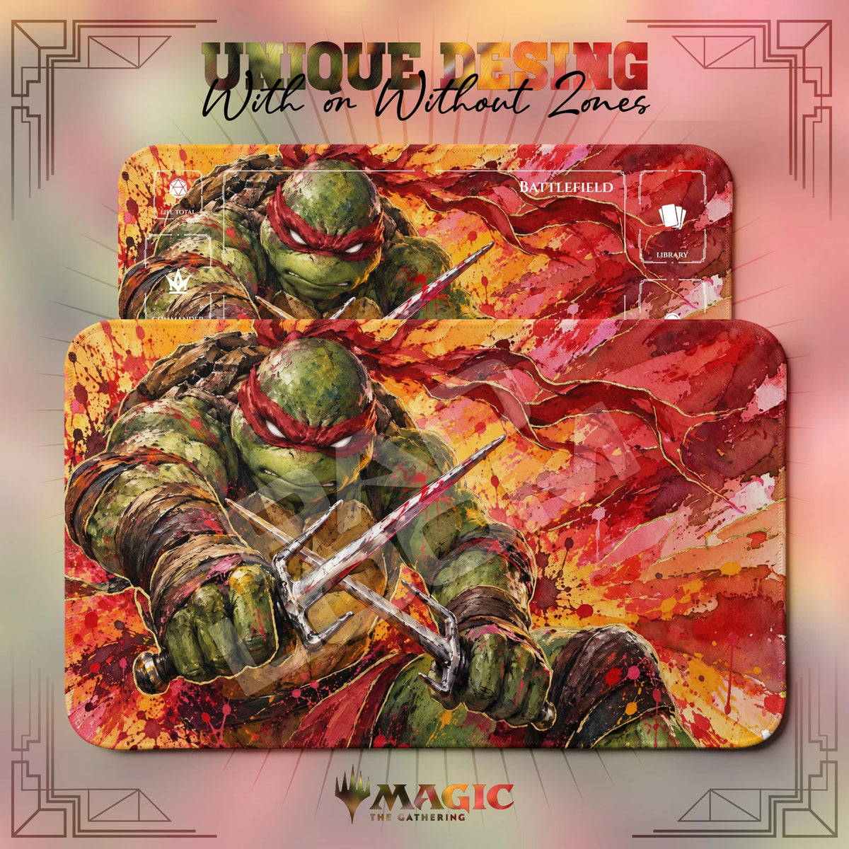 Raphael Crimson TMNT MTG playmat shown with zones and without zones