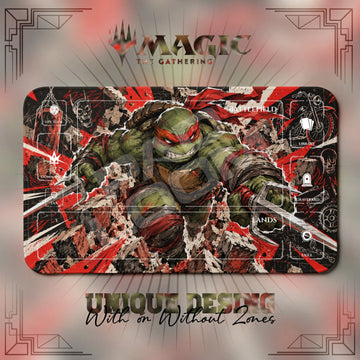 Raphael Rampage TMNT MTG playmat, brown and red art with play zones, 24 x 14 in
