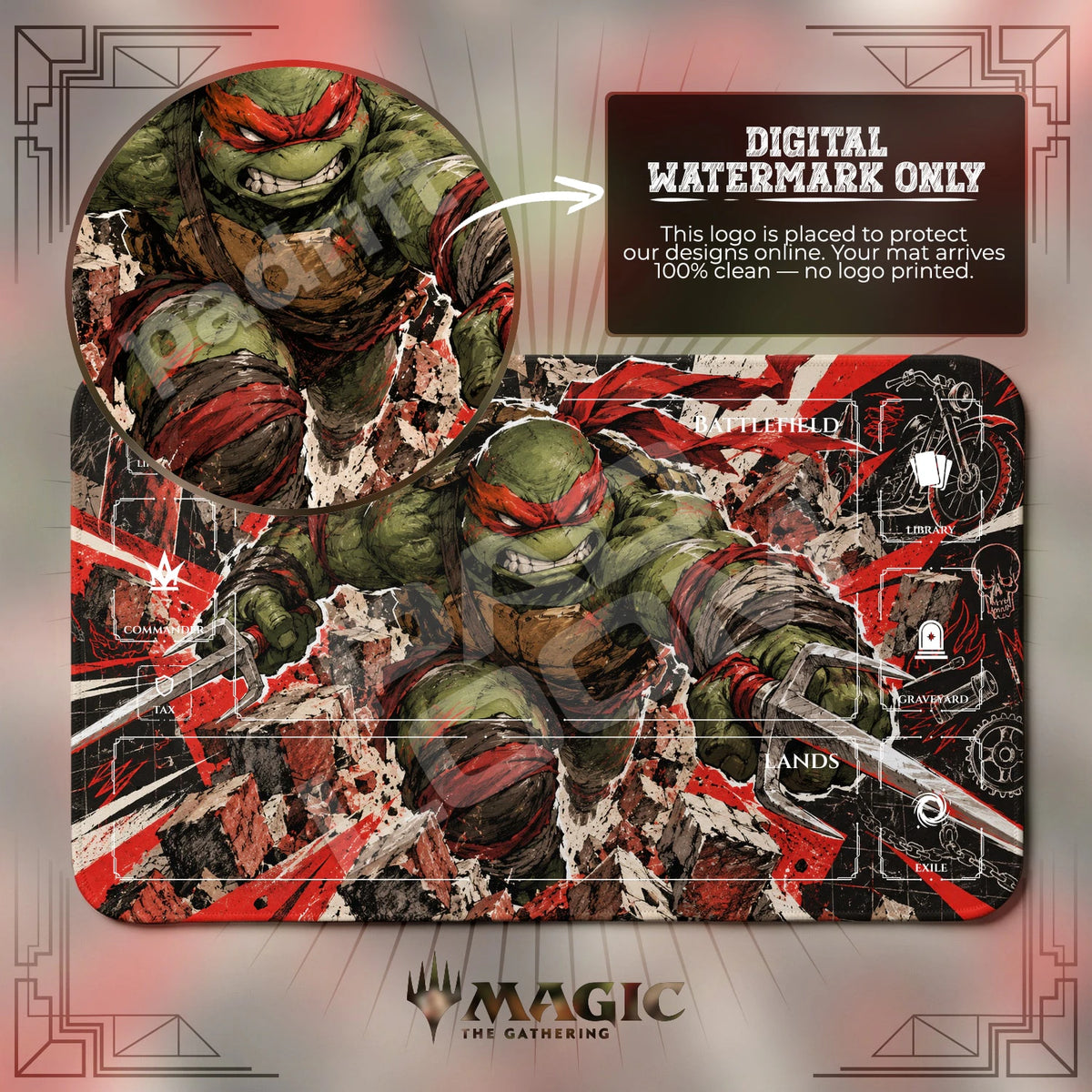 Raphael Rampage TMNT MTG playmat with zones; the Padloom watermark is digital only, not printed