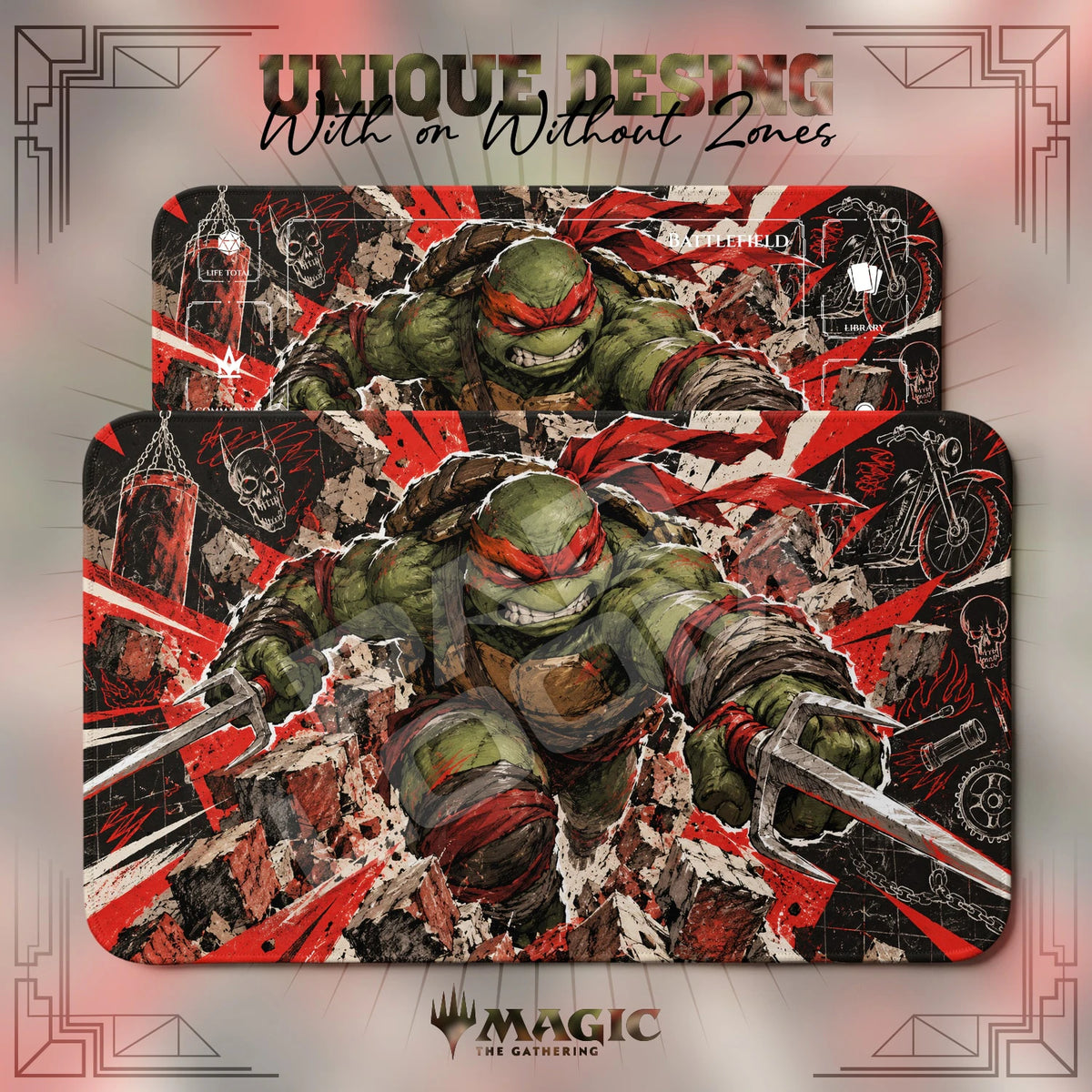 Raphael Rampage TMNT MTG playmat shown with zones and without zones