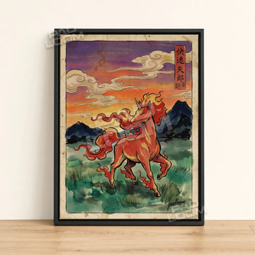 Rapidash Sunset Pokemon poster - framed canvas wall art in a black frame