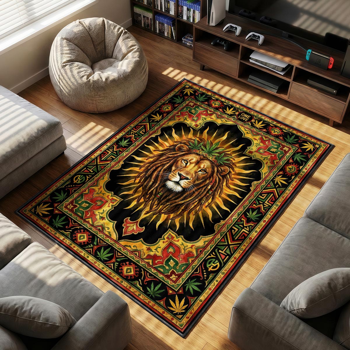 Rasta Lion themed area rug for home decor fans