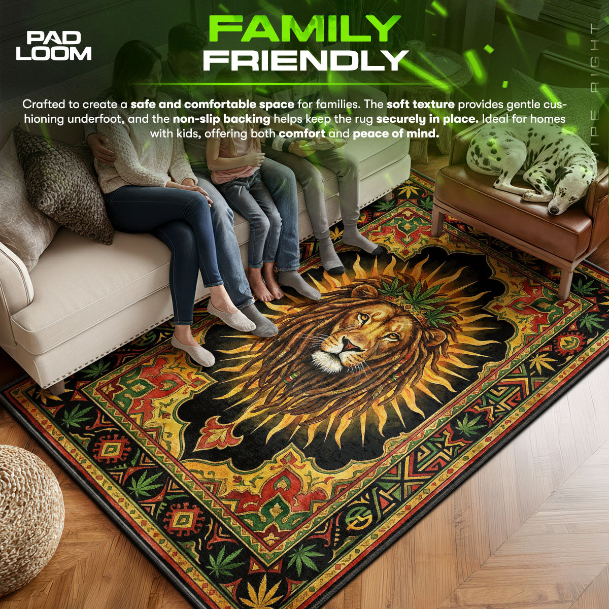 Rasta area rug showing full home decor artwork