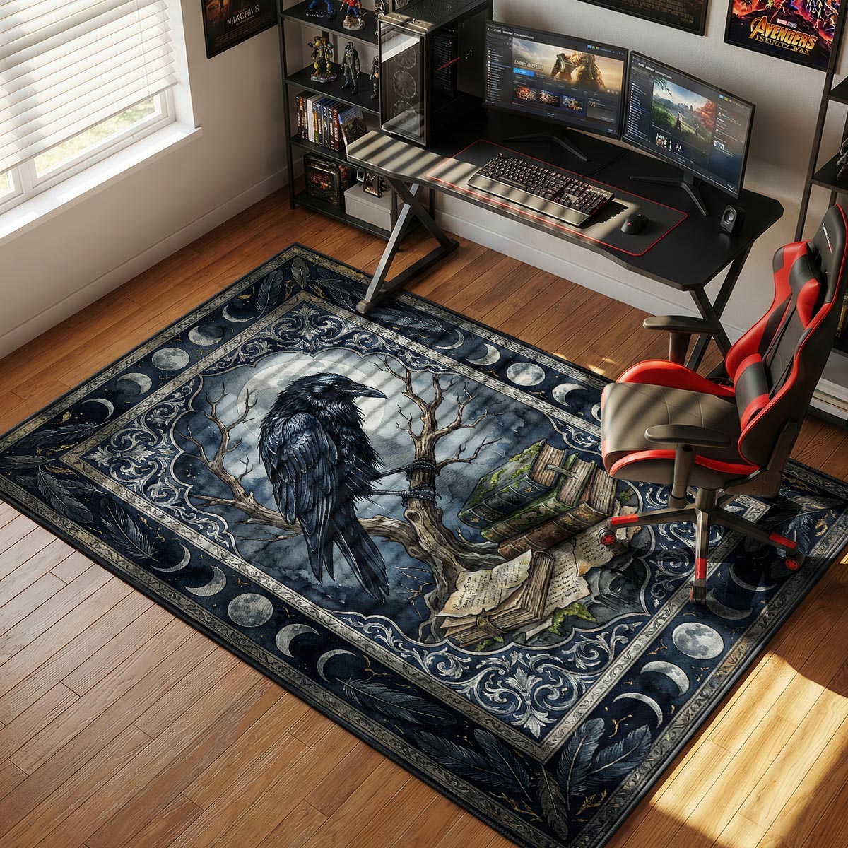 Raven moonlight rug placed in a home study with dark bookshelves and a reading lamp