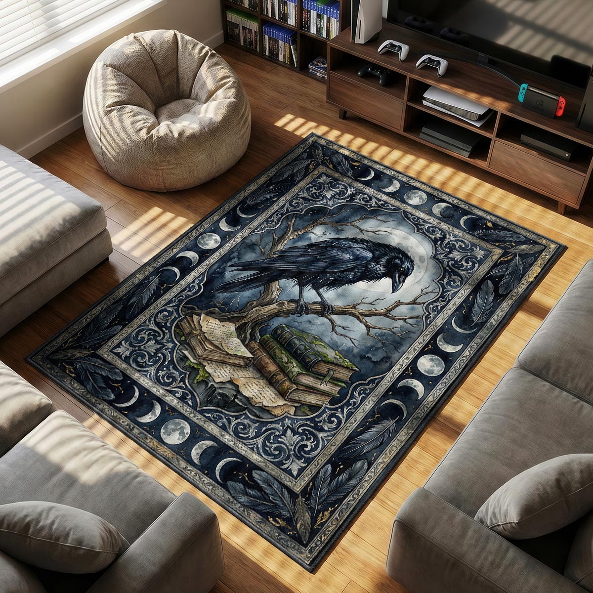 Close-up of raven rug showing moon phase border detail and plush dye-sublimation texture