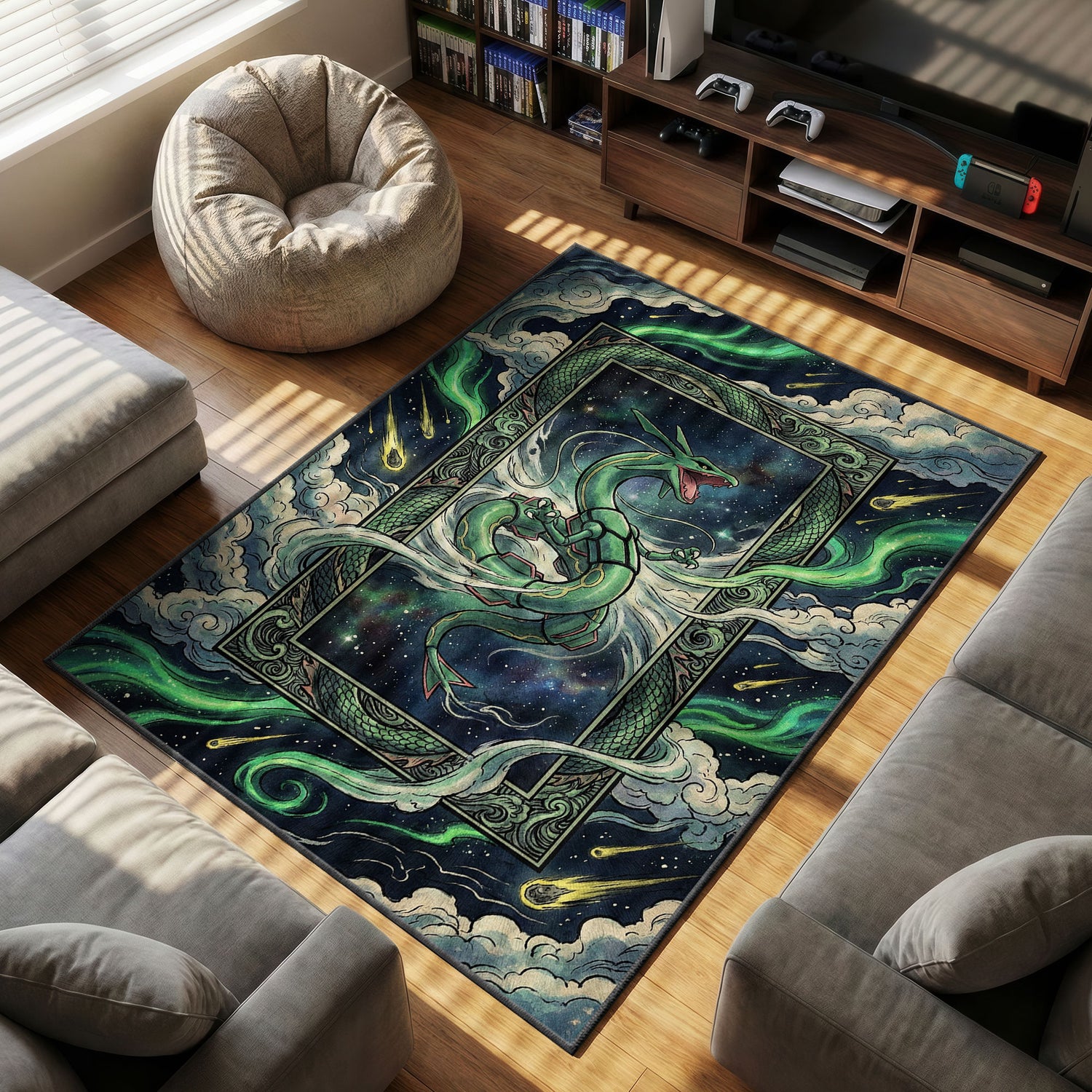 Rayquaza Celestial themed area rug for Pokemon fans