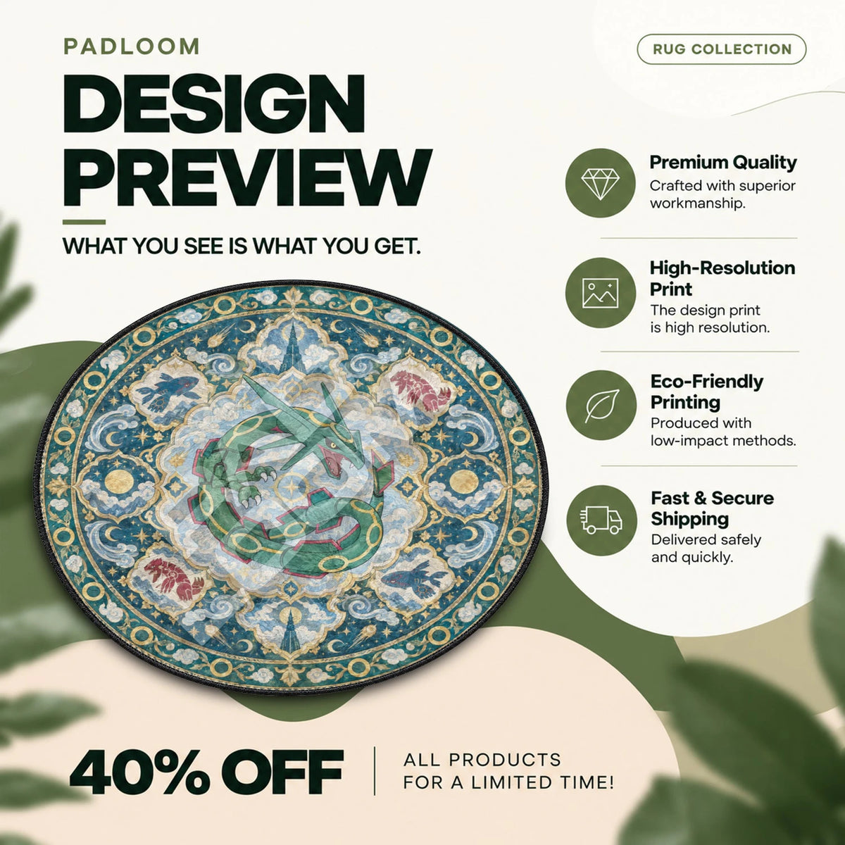 Rayquaza Coiled Pokemon round rug full design preview