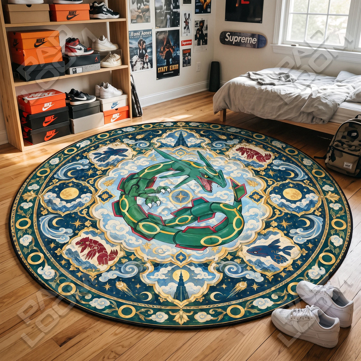 Rayquaza Coiled round rug shown in a styled room - Pokemon area rug