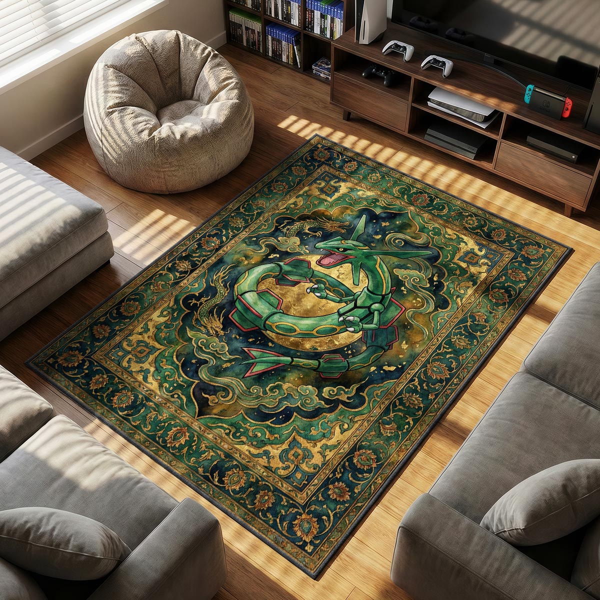 Rayquaza Emerald themed area rug for Pokemon fans