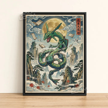 Rayquaza Moonlit Pokemon poster - framed canvas wall art in a black frame