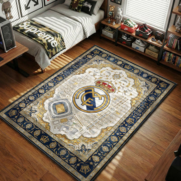 Real Madrid city map Santiago Bernabeu white gold and blue hypebeast area rug