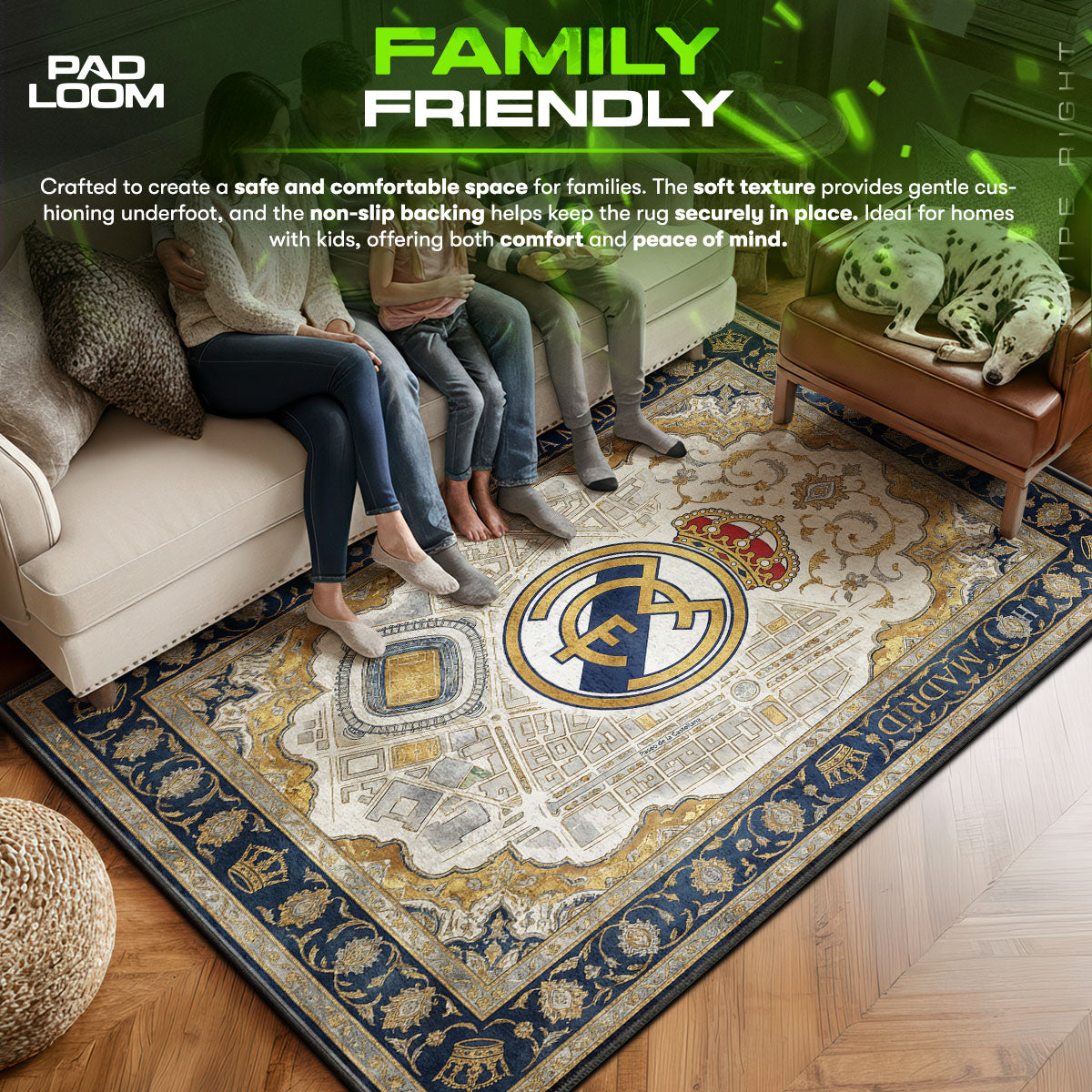 Real area rug showing full home decor artwork