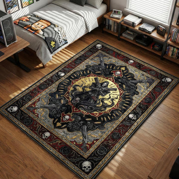 Reaper from Overwatch holding dual shotguns with skulls and dark roses in gothic style gaming area rug and floor mat