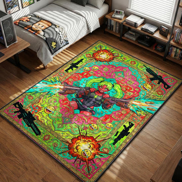 Rebecca dual wielding shotguns with explosions and laughing emojis gaming area rug and floor mat