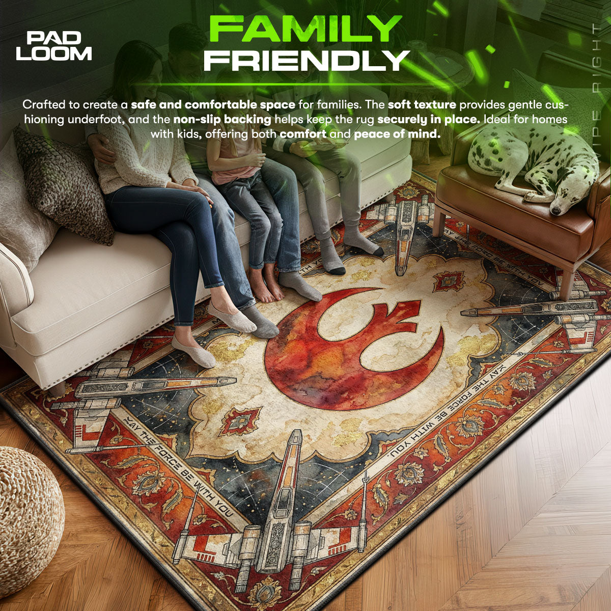 Rebel area rug showing full home decor artwork