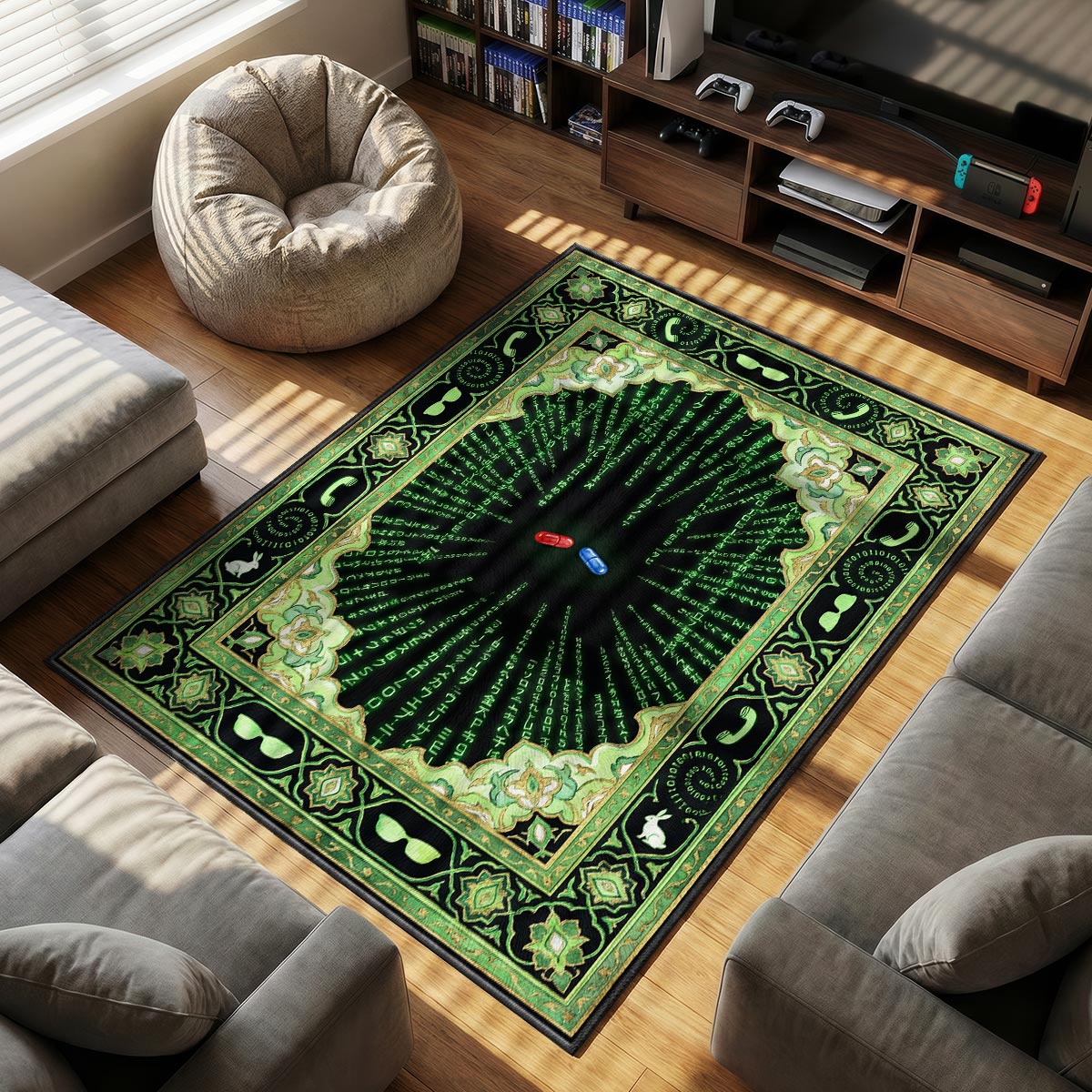 Red Blue themed area rug for home decor fans