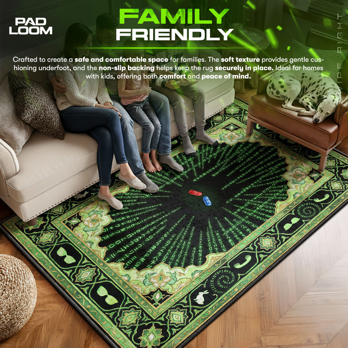 Red area rug showing full home decor artwork