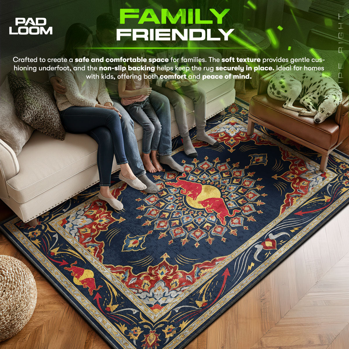 Red area rug showing full home decor artwork