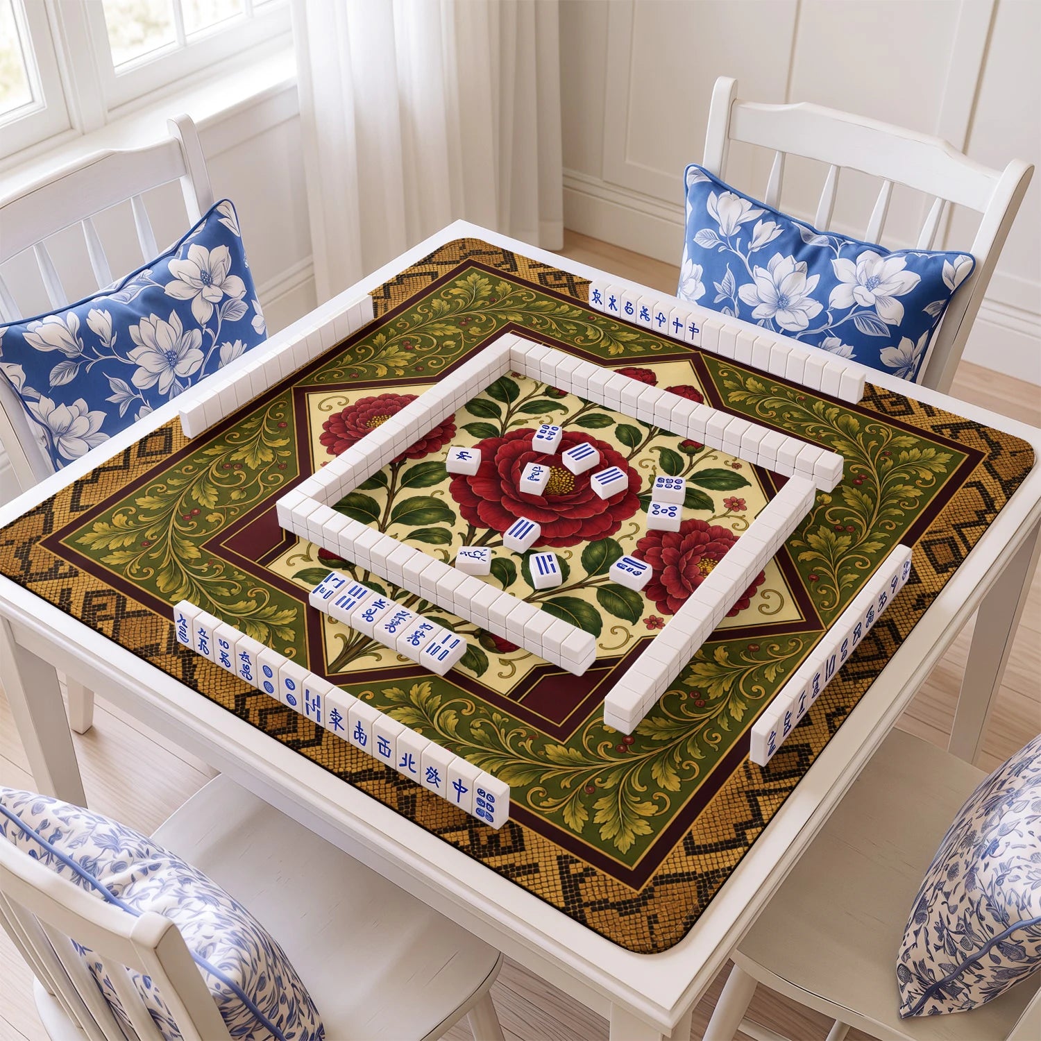 Red Camellia mahjong mat with tiles and racks on the table
