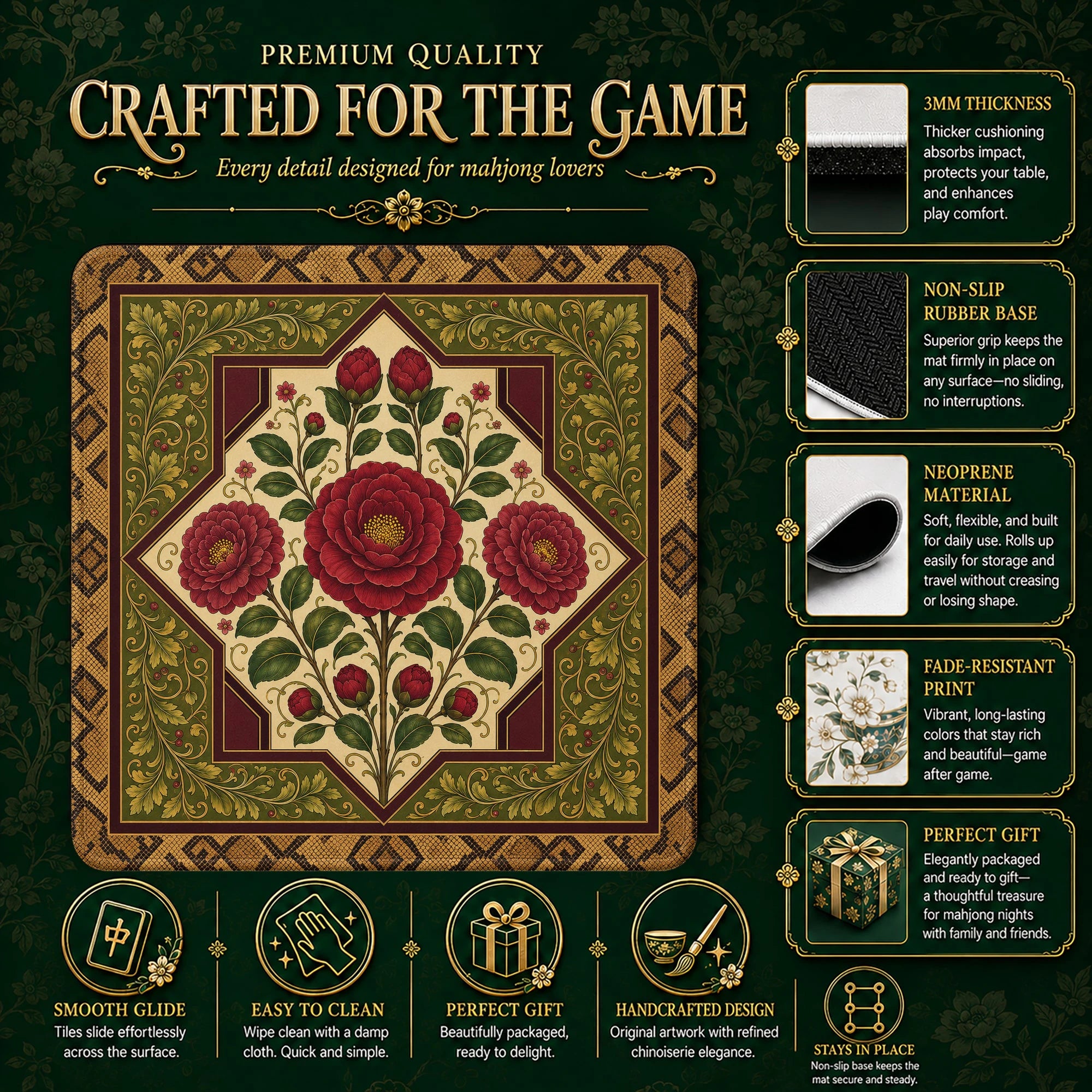 Red Camellia Mahjong Mat – neoprene mah jongg table mat