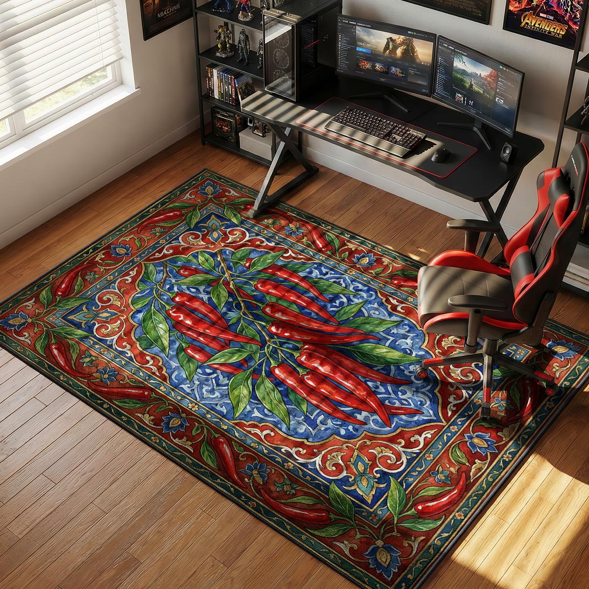 Red chili pepper kitchen rug on dark tile floor near copper cookware and a spice rack