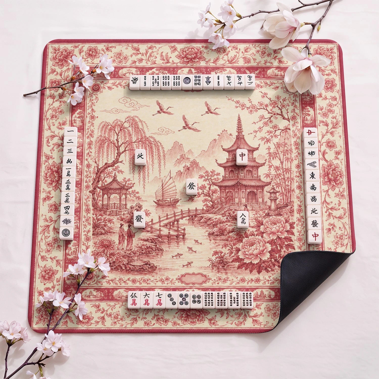 Red Chinoiserie Toile design close-up on mahjong mat surface