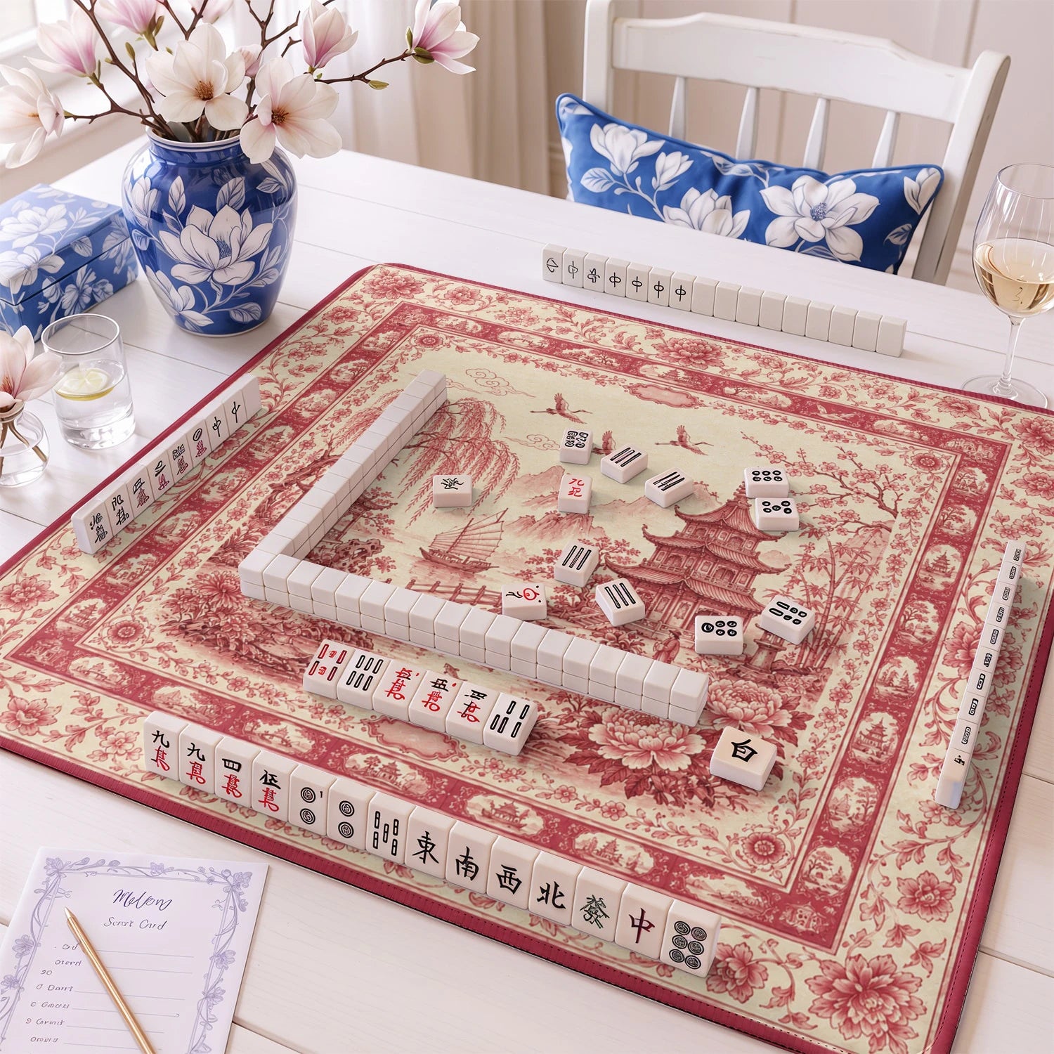 Red Chinoiserie Toile mahjong mat – M (60x60 cm) and L (81x81 cm) sizes