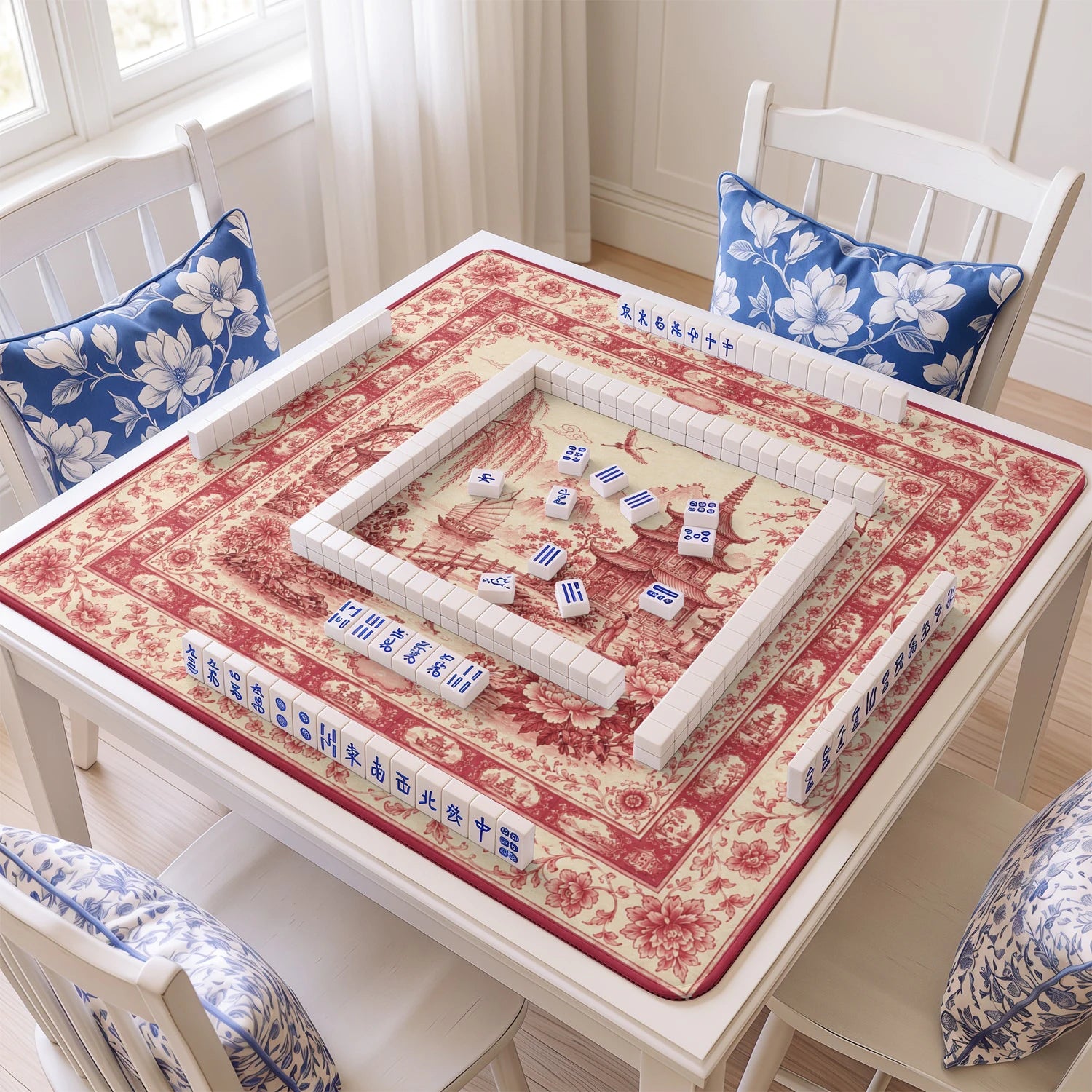 Red Chinoiserie Toile Mahjong Mat – neoprene mah jongg table mat