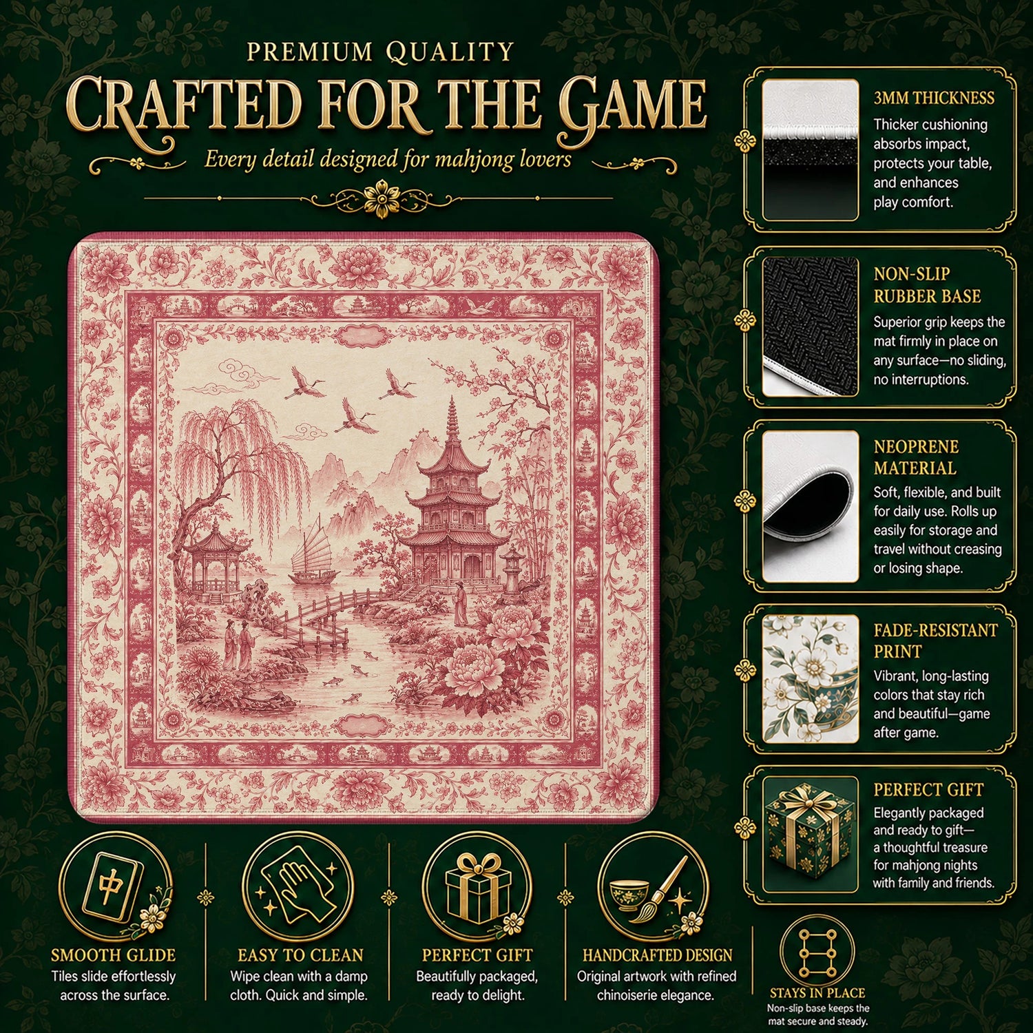 Red Chinoiserie Toile mahjong mat – M (60x60 cm) and L (81x81 cm) sizes