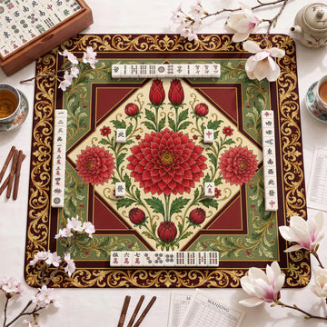Red Dahlia Mahjong Mat - Mah Jongg Table Mat