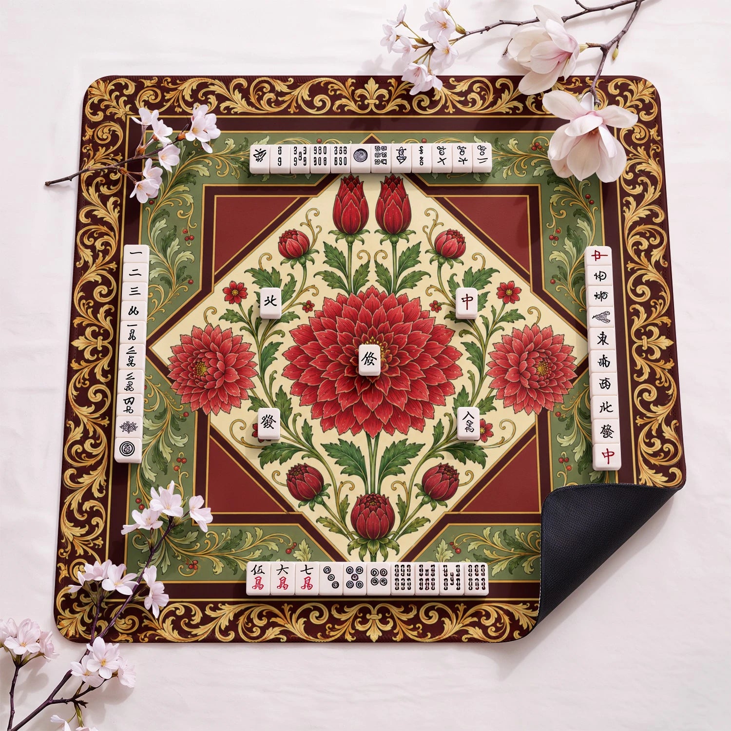 Red Dahlia Mahjong Mat - Mah Jongg Table Mat