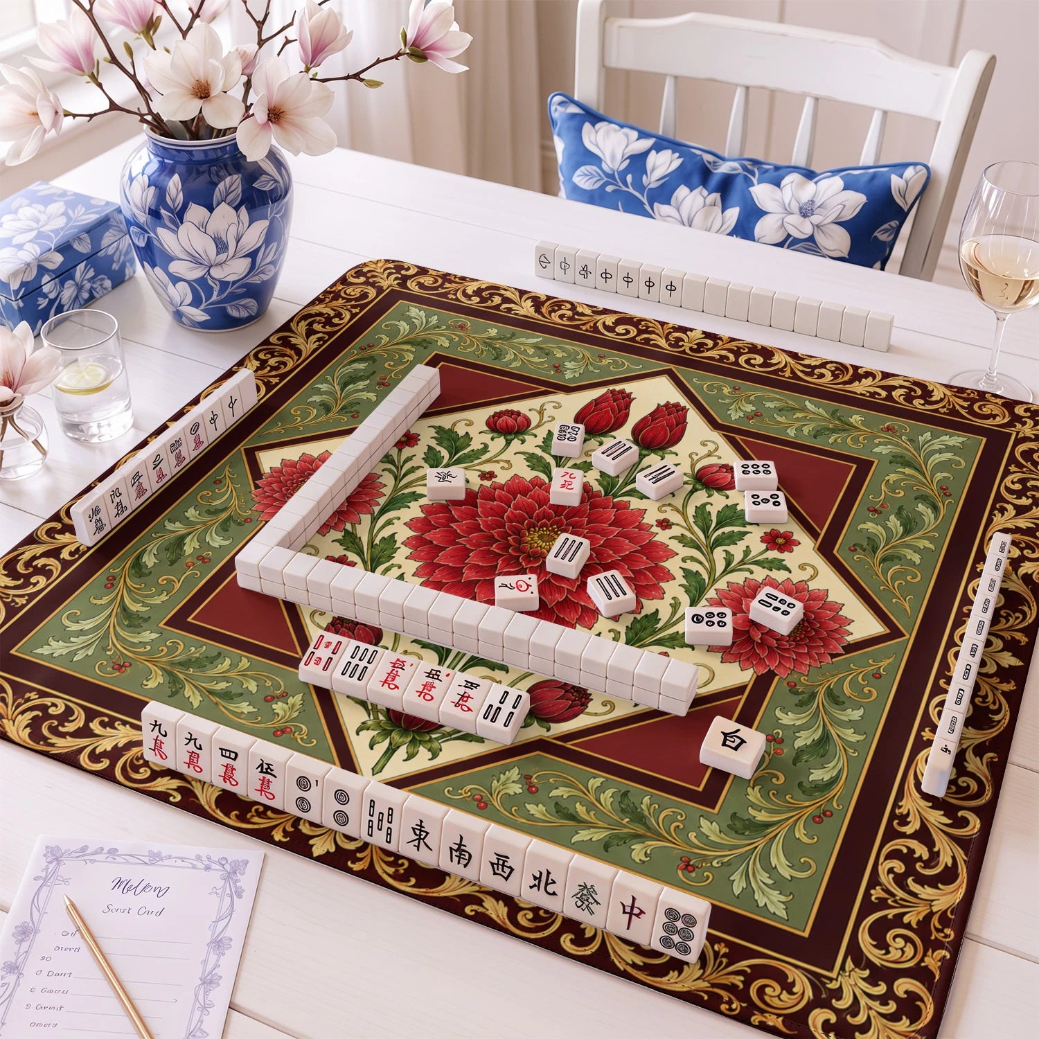 Red Dahlia Mahjong Mat - Mah Jongg Table Mat