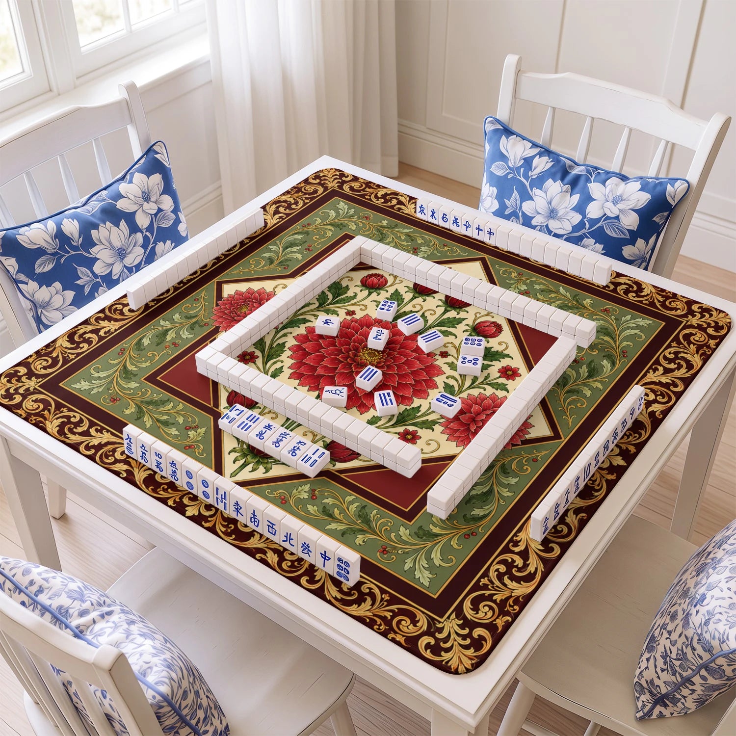 Red Dahlia Mahjong Mat - Mah Jongg Table Mat