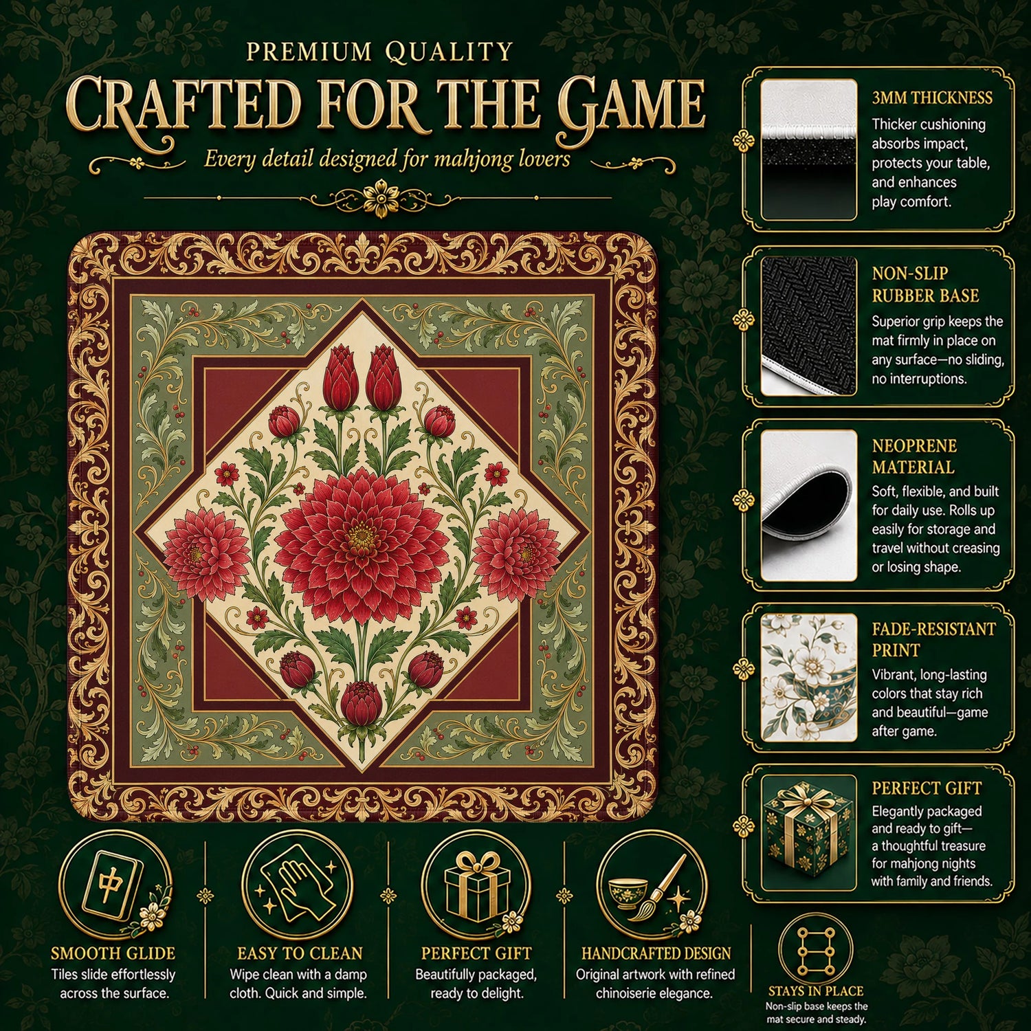 Red Dahlia Mahjong Mat - Mah Jongg Table Mat