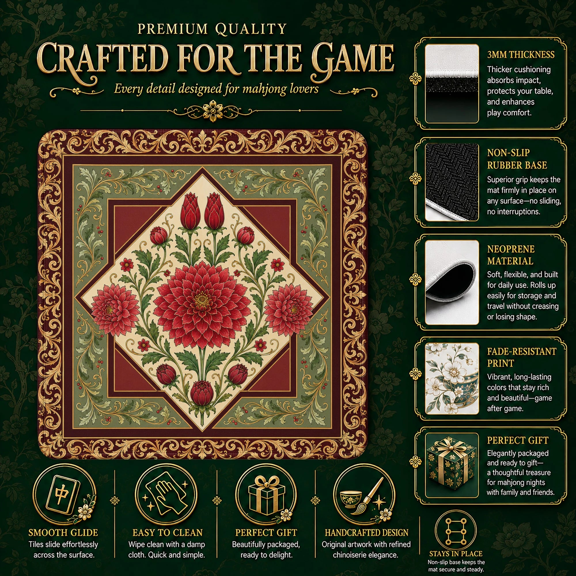 Red Dahlia Mahjong Mat - Mah Jongg Table Mat