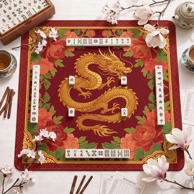 Red Dragon Peony Mahjong Mat - Mah Jongg Mat