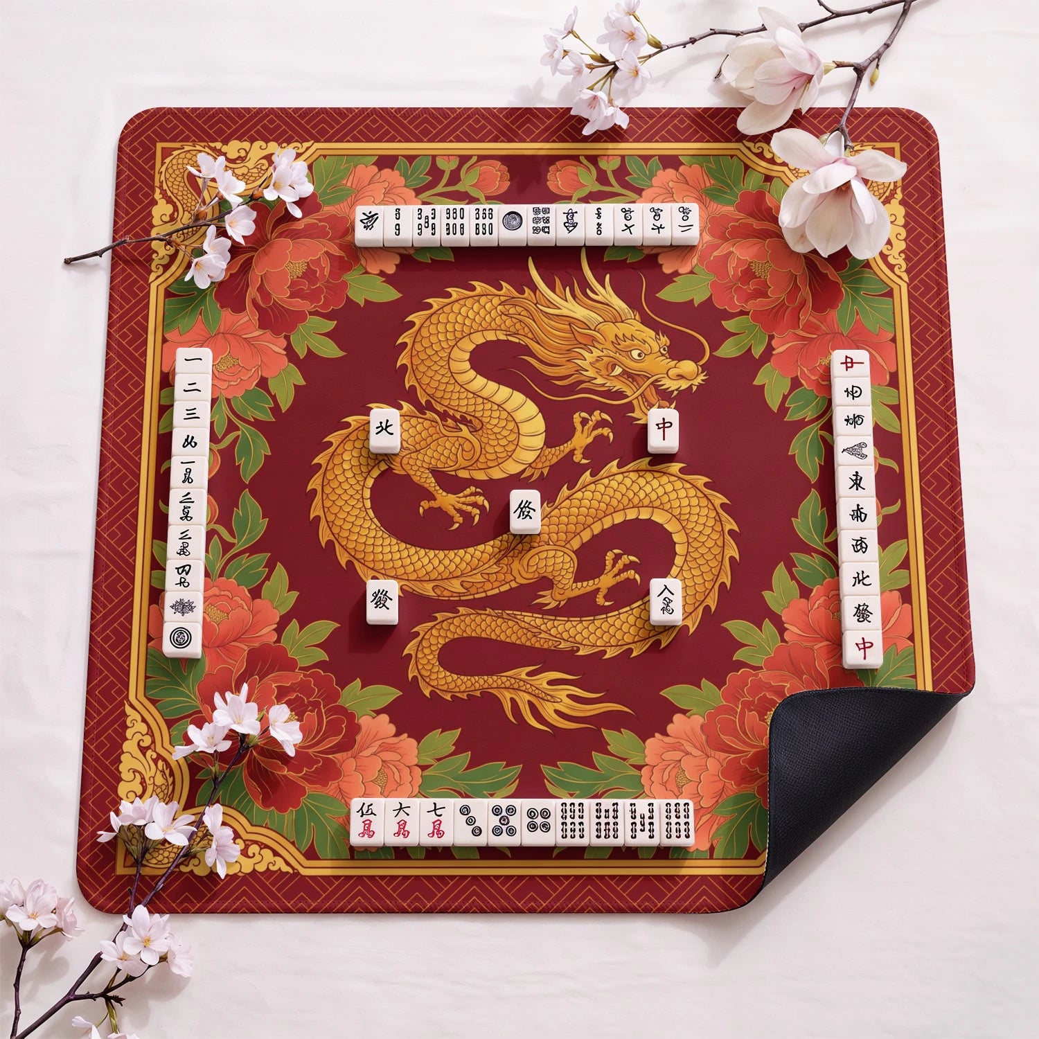 Red Dragon Peony design close-up on mahjong mat surface