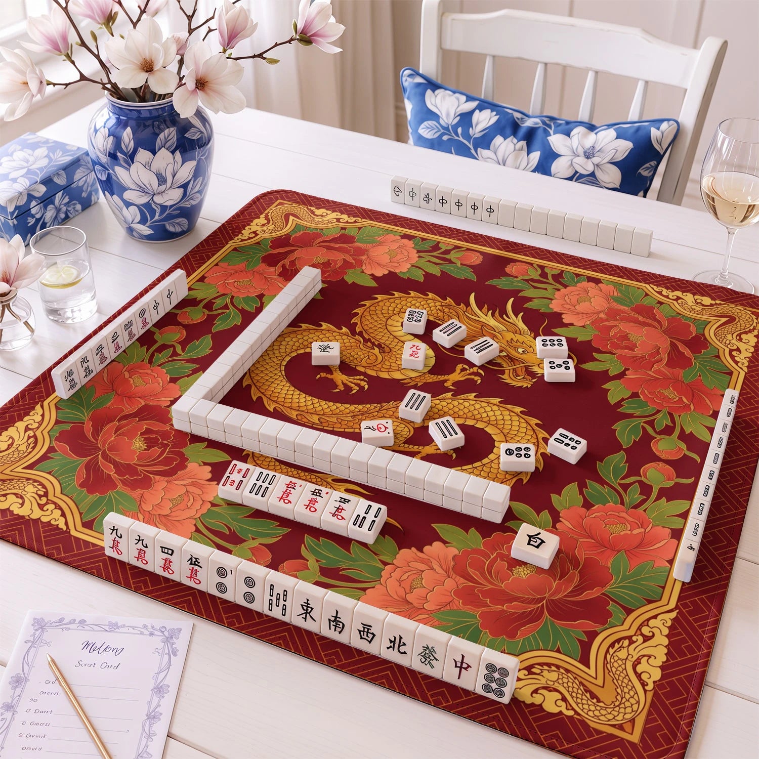 Red Dragon Peony mahjong mat – M (60x60 cm) and L (81x81 cm) sizes